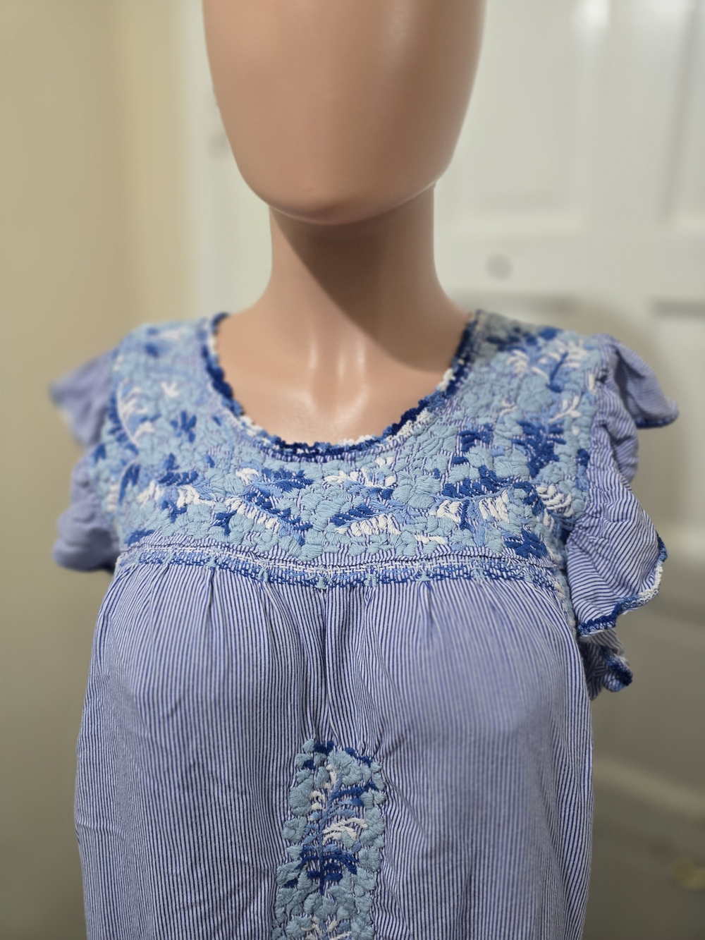 Embroidered Light Blue Midi Dress with Flutter Sleeves - Women - Picture 5 of 9